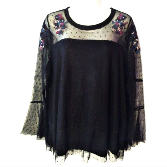 Lane Bryant‎ SHEER lace embroidered yoke bell sleeve shirt plus size 18 20 2X - Picture 2 of 13